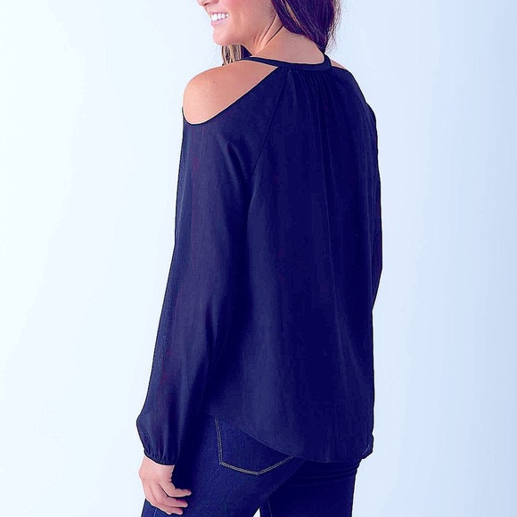 Buckle True Navy Boho Peasant Blouse Cold Shoulder Flowy Lightweight Tie Neck - Picture 12 of 14